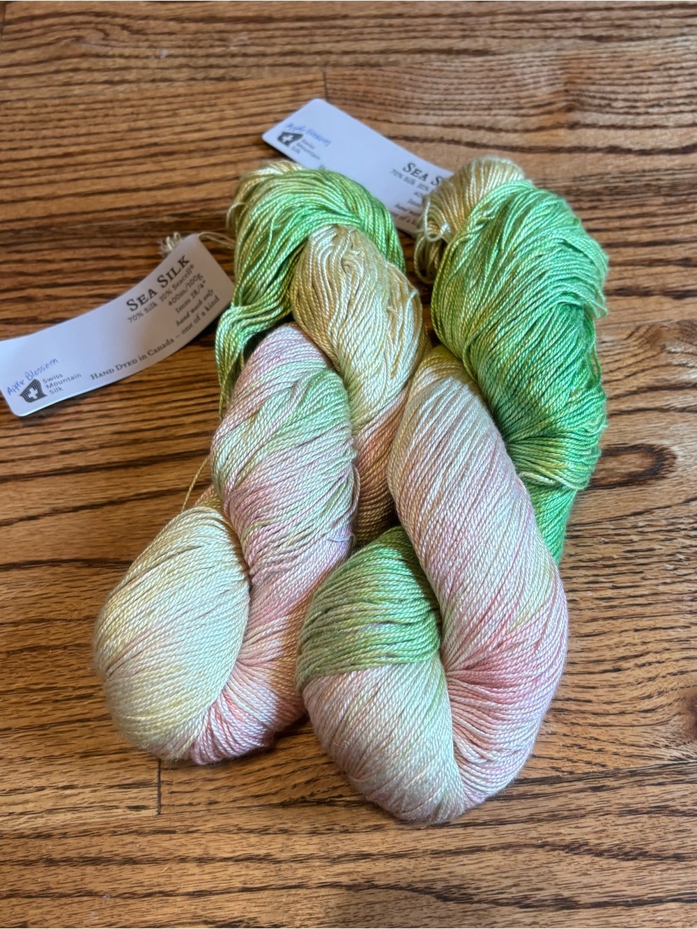 Hand Maiden Yarn Lot of 2 Sea Silk 70% Silk 30% Seacell Blossom Green Fingering